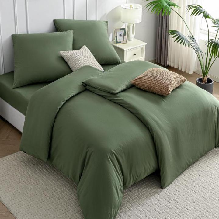 Beddengoed 135 x 200 cm, katoen, 4-delige beddengoedset, groen, Oeko-Tex, 100% gewassen katoen, 2 dekbedovertrekken met ritssluiting en 2 kussenslopen 80 x 80 cm, met omslag, strij