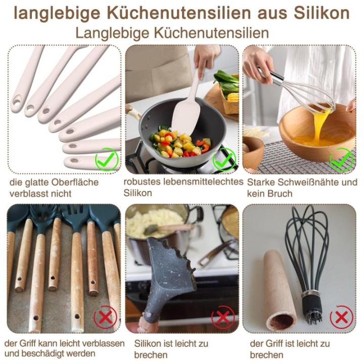 Keukenhulpset, 15-delig siliconen kookgerei, kookbestek, hittebestendig kookgerei met keukengereihouder, antiaanbaklaag, keukengerei, vaatwasmachinebestendig, kaki