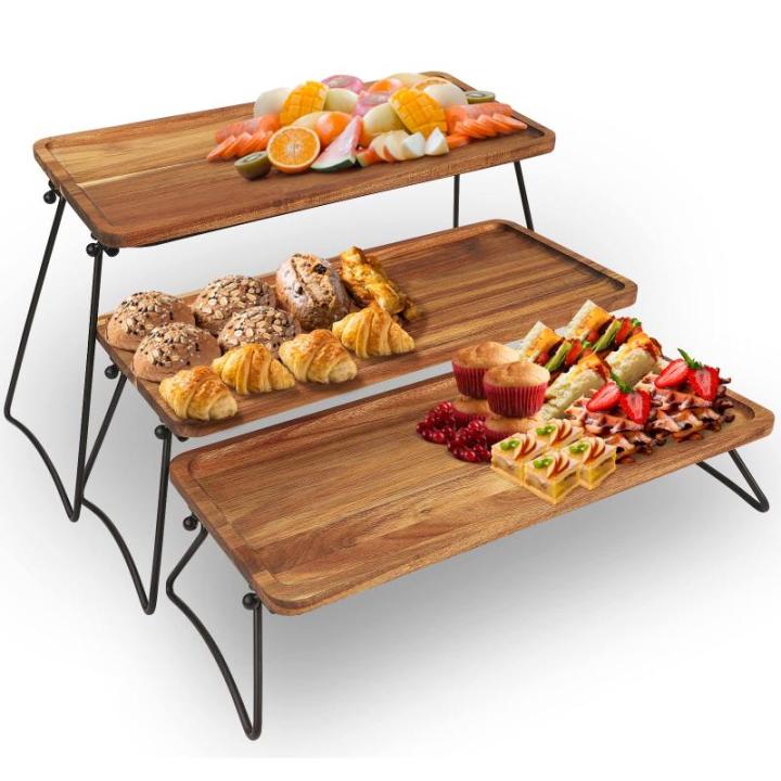 3-laags dessertdisplaystandaard, cupcake-standaard en torens, serveerschaalset, draagbare opvouwbare voedseldisplaystandaard, gelaagde kaas-charcuterieborden, acaciahouten dienblad