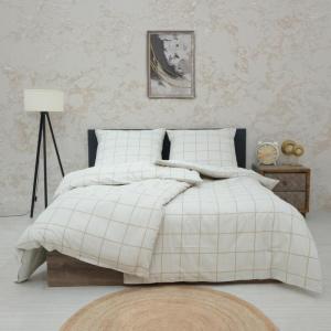 Beddengoed 135 x 200 cm, 4-delig beige, Oeko-Tex 80% katoen en 20% polyester, 2 x dekbedovertrek met ritssluiting + 2 x kussensloop 80 x 80 cm, envelopsluiting, Gridline model