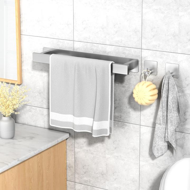 LIASDIVA Handdoekhouder zonder Boren met 2 Handdoekhaken, Roestvrijstalen Handdoekhouder Muur, 40cm Gastendoekhouder voor Badkamer (zilver)