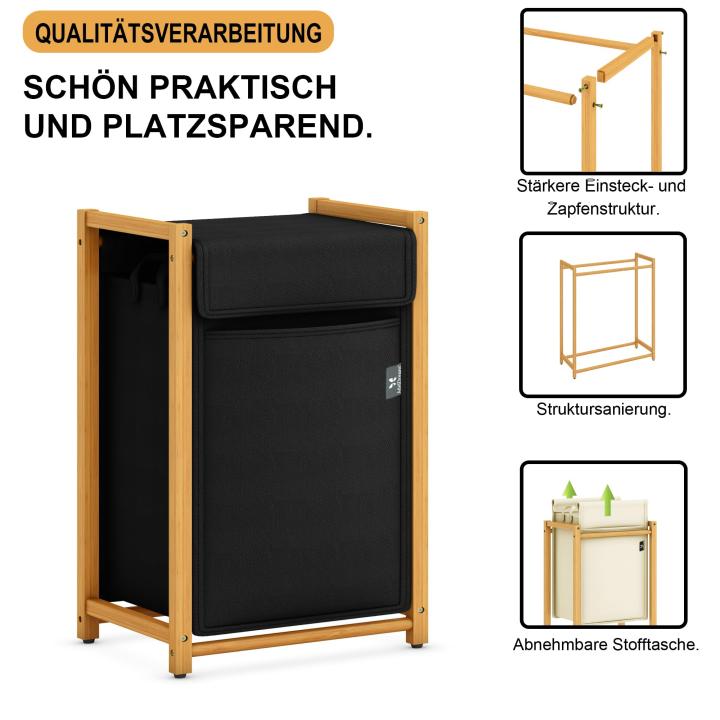 AdelDream Wasmand, van bamboe, wassorteerder, wasverzamelaar, 3 vakken, waswagen met afneembare waszak, wasbox, 150 liter, zwart