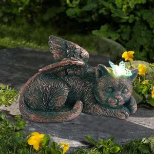 Kat Engel Solar tuindecoratie, figuren voor buiten, met buttfly, weerbestendig dierenbeeld, balkondecoratie, slapende kat, op zonne-energie, figuur, decoratie, grafdecoratie, grafs