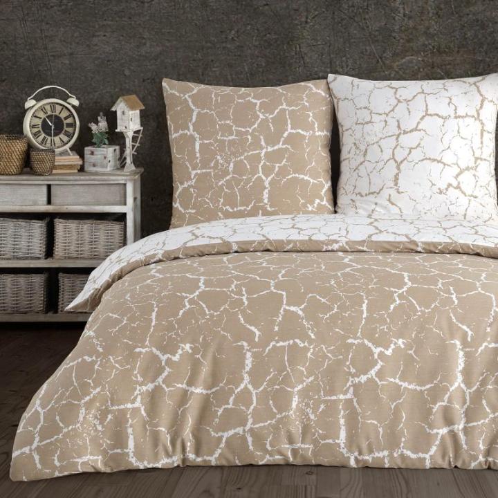 Beddengoed 135 x 200 cm, katoen renforcé, 2-delige beddengoedset met dekbedovertrek en kussensloop 80 x 80 cm, marmerlook, graniet, omkeerbare beddengoedset, beige-wit