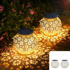 op zonne-energie voor buiten, 2 stuks, IP65, weerbestendig, metaal, hanglamp op zonne-energie voor buiten, tuindecoratie voor buiten, veranda, tafel, balkon, terras, weg, wit