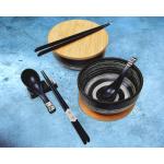 2 x premium ramenkomset met deksel, handbeschilderd, keramiek, zwart wit, 1100 ml inhoud, bowl-kom, set van 2, Japans design, set van 2, accessoires, voor Buldak Ramen Noedels Pho 