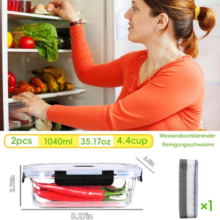 Vershouddozen met deksel, set van 2 tupperdozen, 1040 ml, glazen containers met deksel, herbruikbaar, maalvoorbereidingsdozen, glasluchtdicht, lekvrij, organizer voor keuken en res