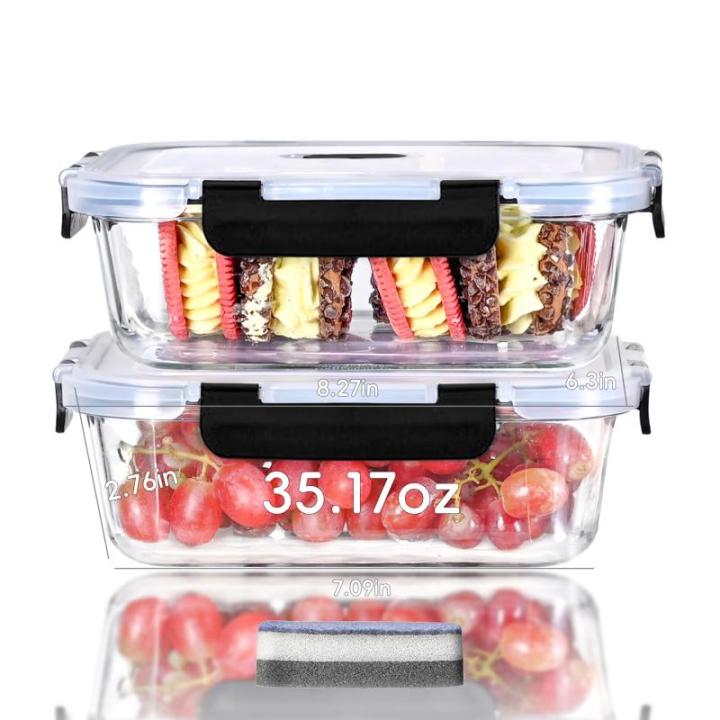 Vershouddozen met deksel, set van 2 tupperdozen, 1040 ml, glazen containers met deksel, herbruikbaar, maalvoorbereidingsdozen, glasluchtdicht, lekvrij, organizer voor keuken en res