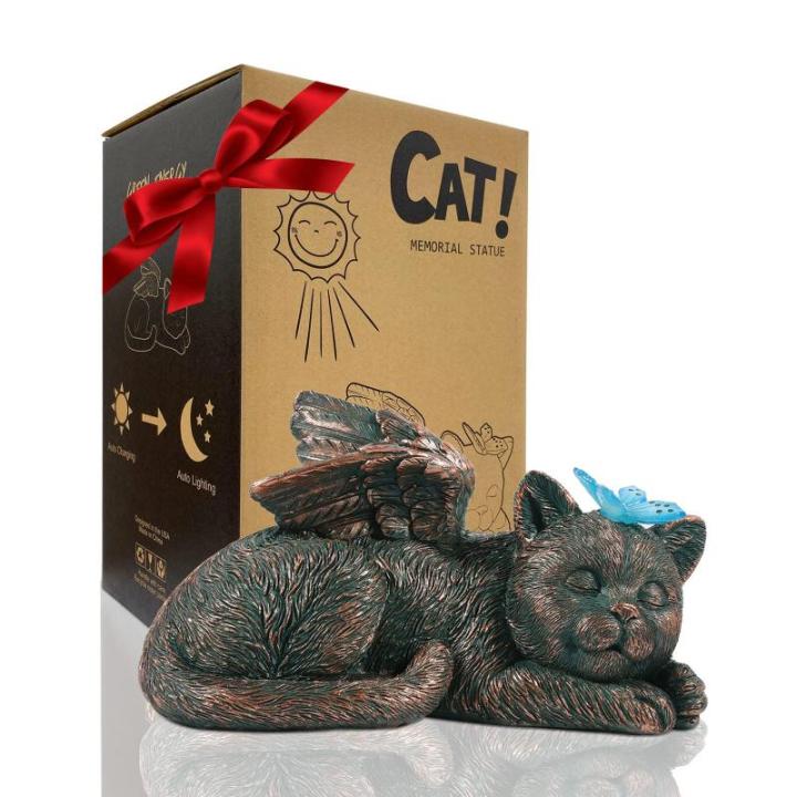 Kat Engel Solar tuindecoratie, figuren voor buiten, met buttfly, weerbestendig dierenbeeld, balkondecoratie, slapende kat, op zonne-energie, figuur, decoratie, grafdecoratie, grafs