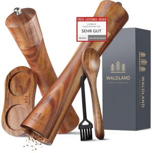 Houten zout- en pepermolen met schotel Zeer grote (25,5 cm) kruidenmolen met hoogwaardige keramische molen, peper- en zoutmolenset