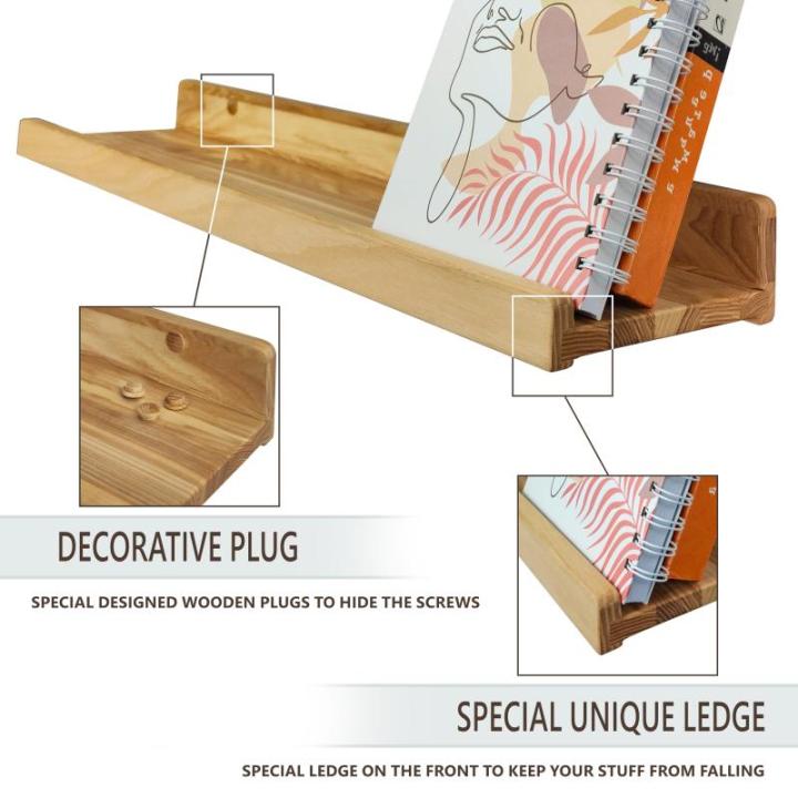 Handgemaakte set van 2 zwevende wandplanken, rustieke houten planken met lip, kinderboekenplanken, foto en fotorek voor slaapkamer, woonkamer, badkamer, keuken, kantoor (natuurlijk