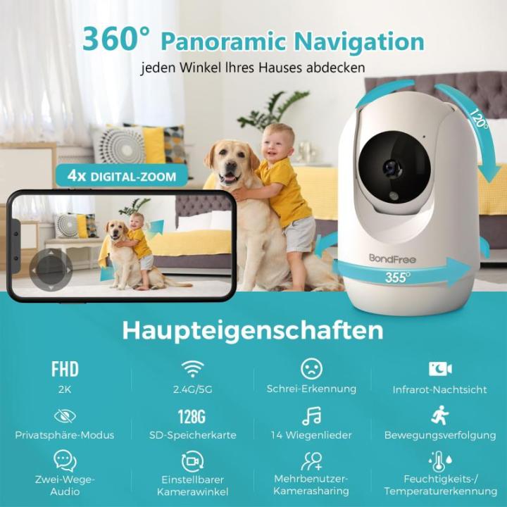 2K/3MP/4-zoom babyfoon met camera en app, babymonitor 2,4 GHz wifi, compatibel met Alexa, twee-weg audio en IR-nachtzicht, schreeuw- en bewegingsdetectie, 14 wiegliedjes