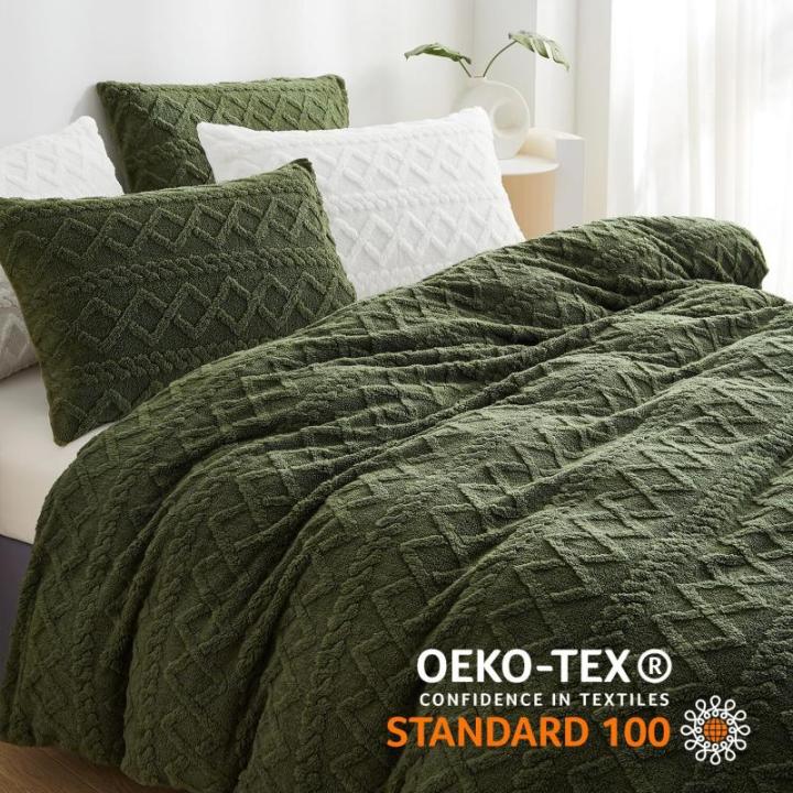 Fleece beddengoed, 200 x 200 cm, 3-delig, wollige teddypluche beddengoedsets voor de winter, extra warm, omkeerbaar beddengoed, flanel, groene dekbedovertrekken met ritssluitingen 