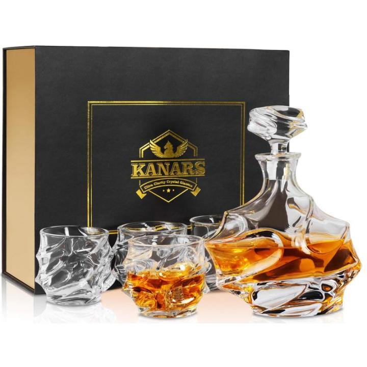 Whisky Glazen en Karaf Set, Kristallen Whisky Decanter 750 ml met 4 Whiskyglas 320 ml voor Cognac, Wodka, Whisky, Scotch, Martini, Cocktails, Set van 5 Stuks, Mooie Geschenkdoos