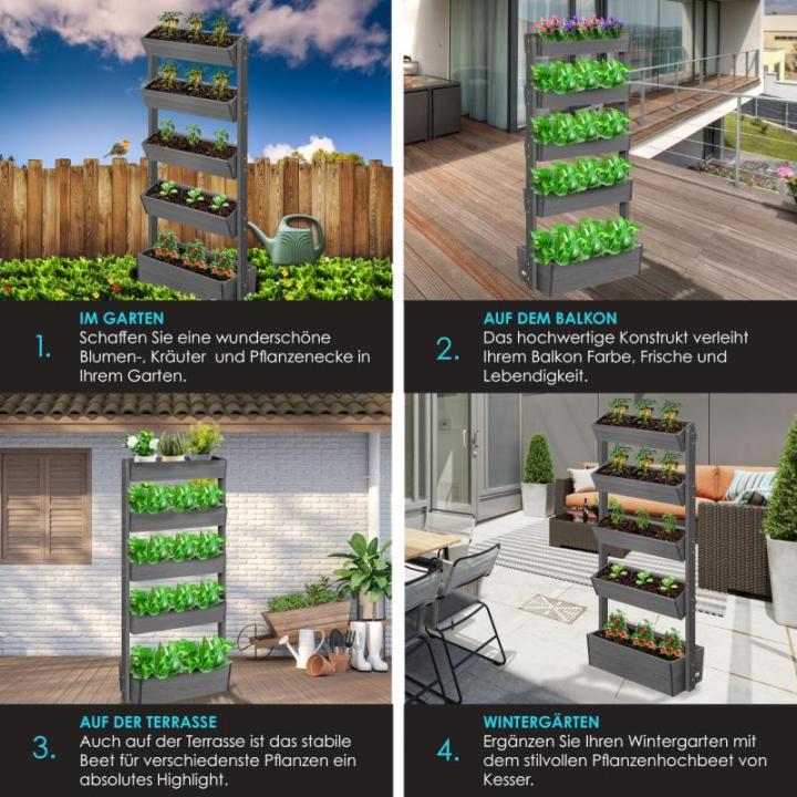 Verhoogd bloembed met etages, premium bloembak, bloementrap, plantentrap, groentebed, kruidenbed, plantenbak, zaaibed, bloembed, plantenbak met tuinvliesdoek - bloembed (antraciet,