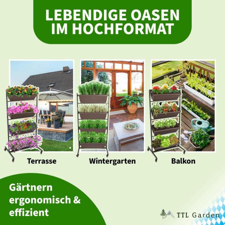 TTL Garden Verticaal bloembed met 4 verticale etages, 151 x 76 x 61 cm, verticale bloembak en balkon, bloembak met 4 plantenbakken, metalen frame, stabiel met wieltjes, voor bloeme