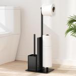 Roestvrijstalen toiletpapierhouder, staand met wc-borstel, toiletpapierhouder met wc-borstel, wc-set met toiletpapierhouder en toiletborstel, wc-rolhouder, staand met glazen plank (zwart, mat)