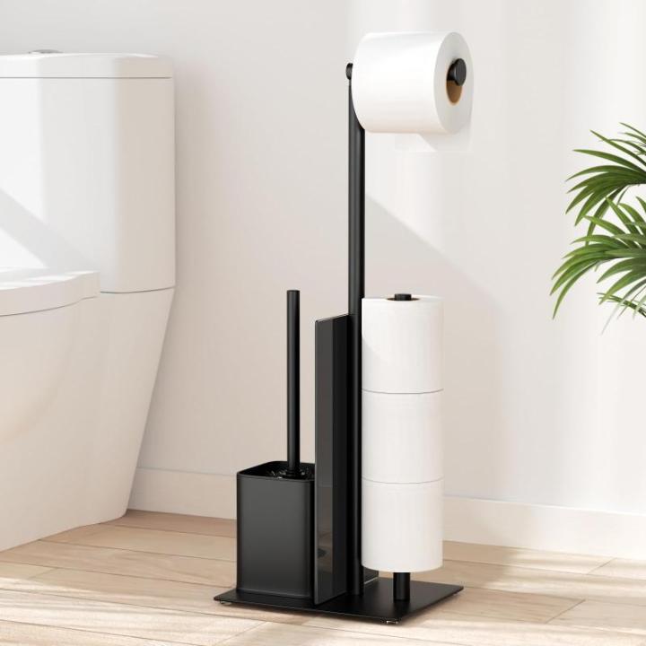 Roestvrijstalen toiletpapierhouder, staand met wc-borstel, toiletpapierhouder met wc-borstel, wc-set met toiletpapierhouder en toiletborstel, wc-rolhouder, staand met glazen plank (zwart, mat)
