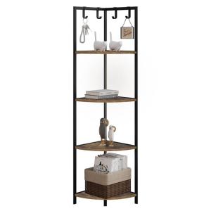 EUGAD Hoekrek met 4 planken, 4 haken, staand badkamerrek, boekenkast, keukenrek, staand rek voor badkamer, keuken, woonkamer, industrieel design, 32 x 134 x 32 cm, vintage houtlook + zwart