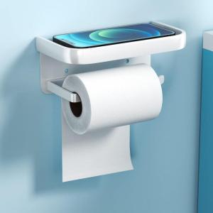 Uootach Toiletpapierhouder zonder boren, van aluminium, rolhouder met ruime planken, zelfklevende toiletpapierhouder, wandpapierhouder voor badkamer, keuken (wit)