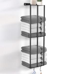 SUNZOS Handdoekhouder, handdoekhouder, zwart, met metalen legplank en haken voor badkamer, handdoekopslag, droge en natte handdoeken