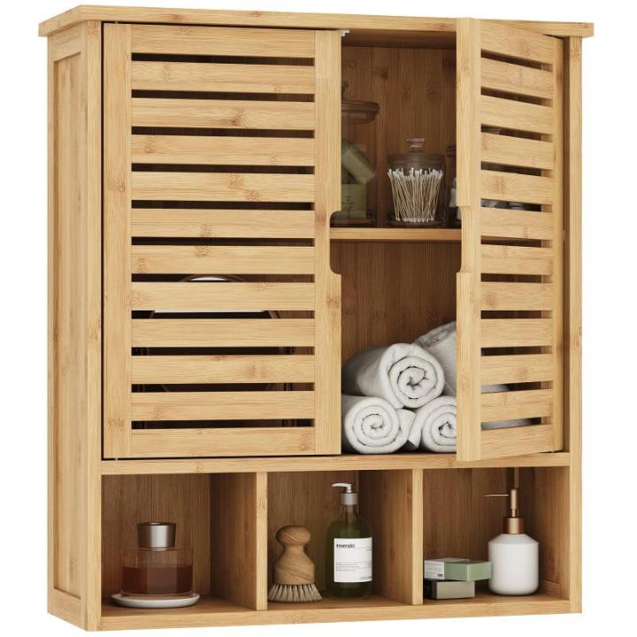 VIAGDO Hangkasten voor de badkamer, wandkast, medicijnkast van hout met 2 deuren en verstelbare planken boven het toilet, badkamerkast hangend met 3 vakken, wandmontage, 59 x 21 x 67 cm